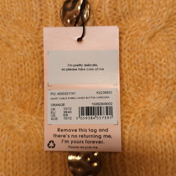 Missguided Cardigan Sweater Womens Size 6/8 Cable Knit Heart Yellow Orange - Picture 3 of 7